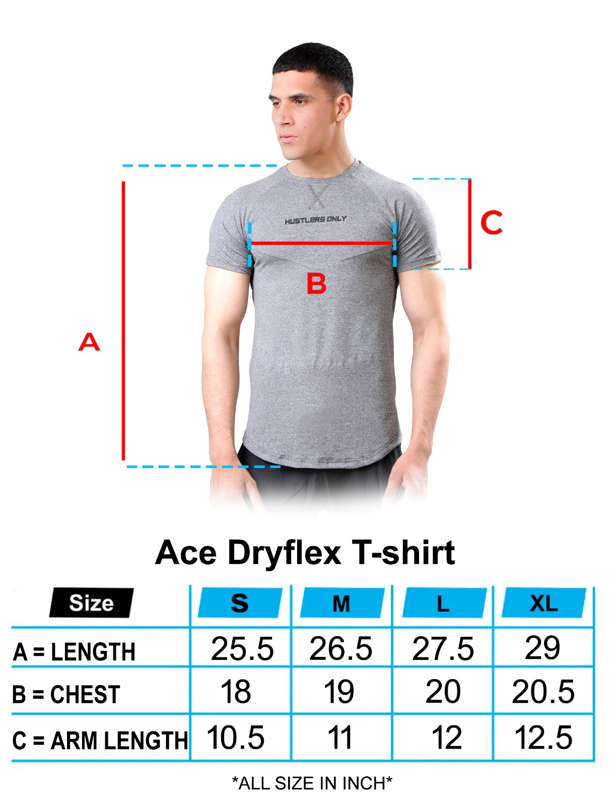 Ace Dryflex Gray Gym T-shirt Size Chart | HustlersOnlyPK