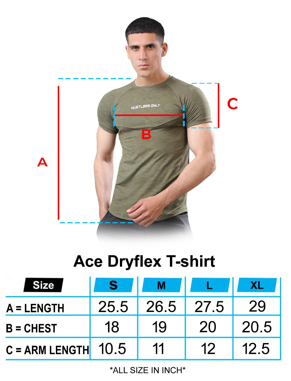 Ace Dryflex Green Gym T-shirt Sizechart | HustlersOnlyPK