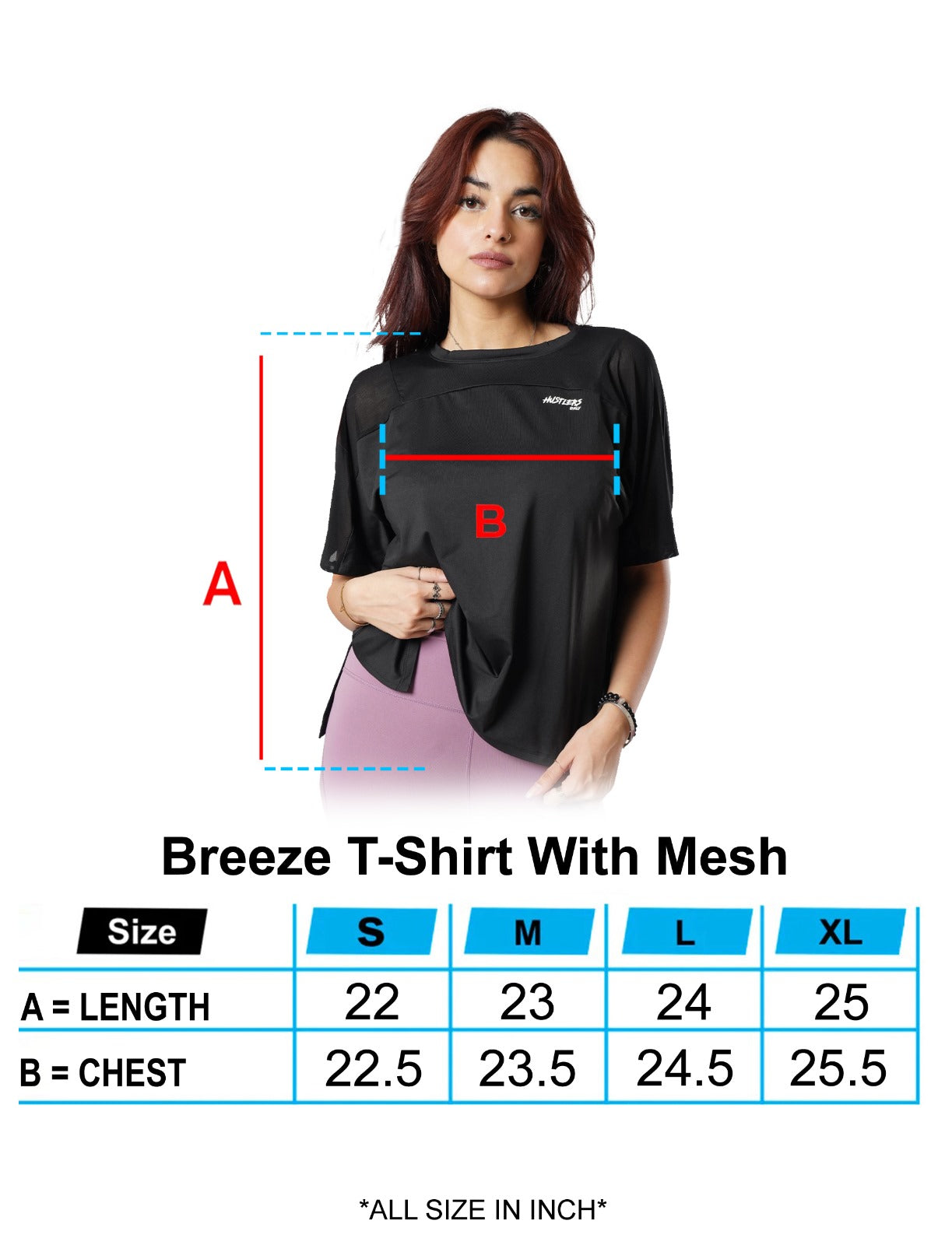 Black Breeze T Shirt With Mesh Sizechart for Women | HustlersOnlyPK