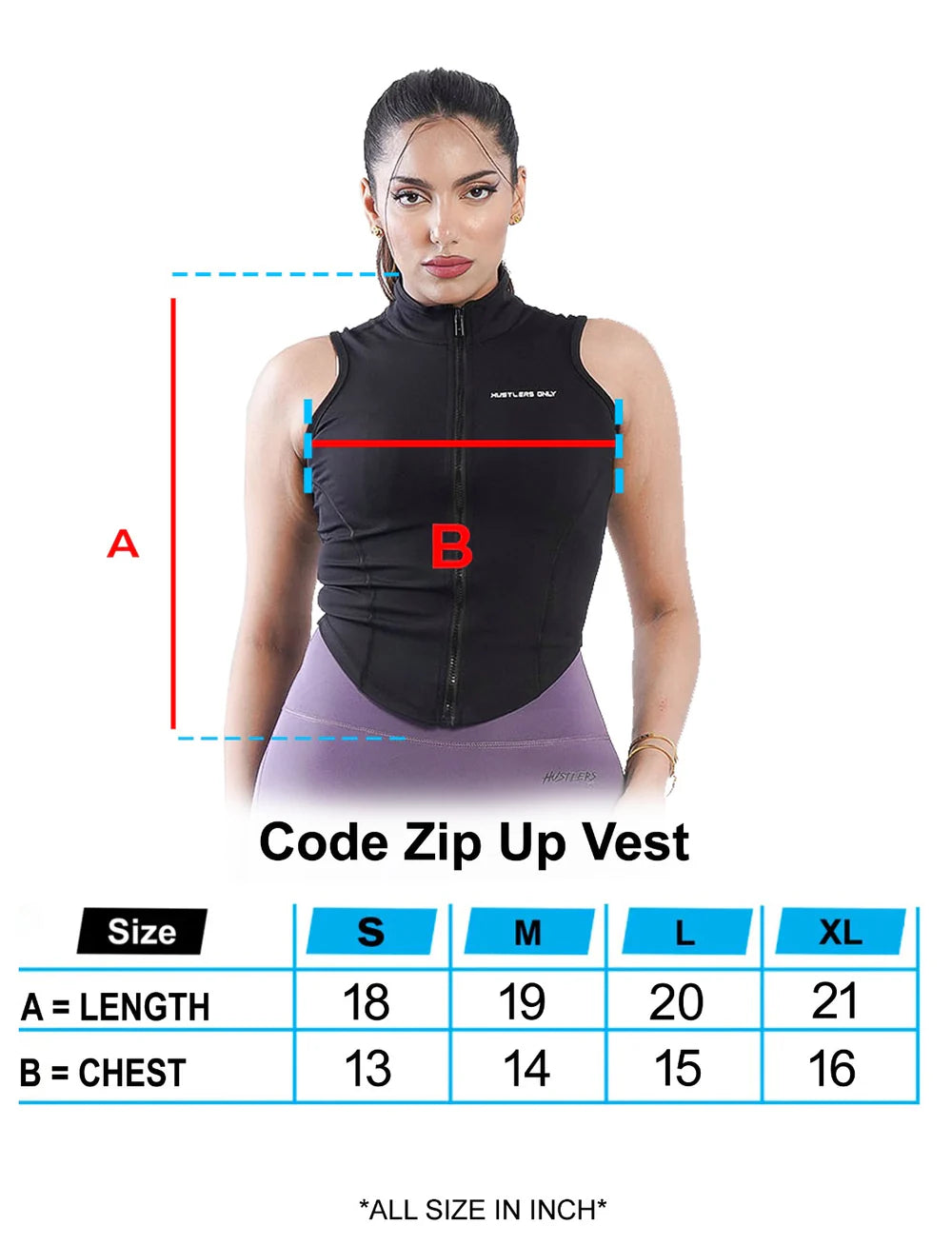 Black Code Zip Up Vest Sizechart for Womens | HustlersOnlyPK