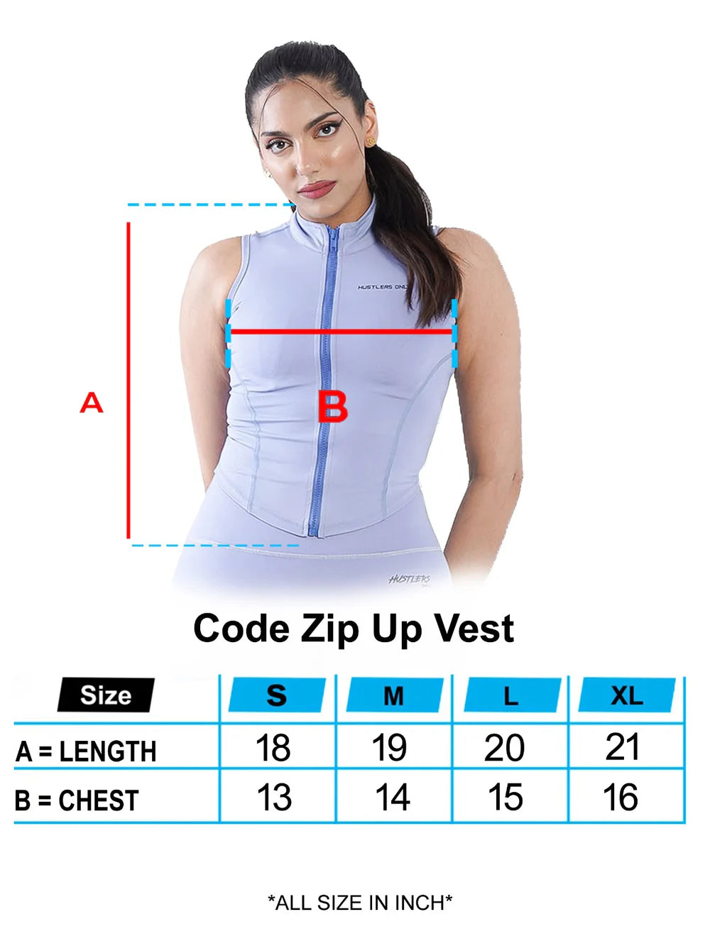 Sky Blue Code Zip Up Vest Sizechart For Women | HustlersOnlyPK