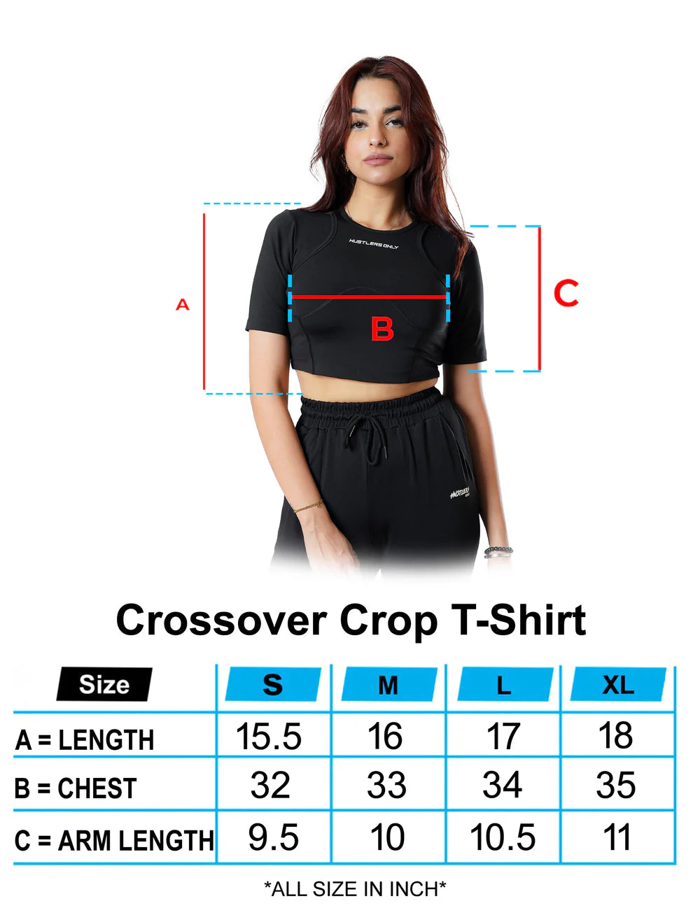 Black Crossover Croptop Shirt For Women Sizechart | HustlersOnlyPK