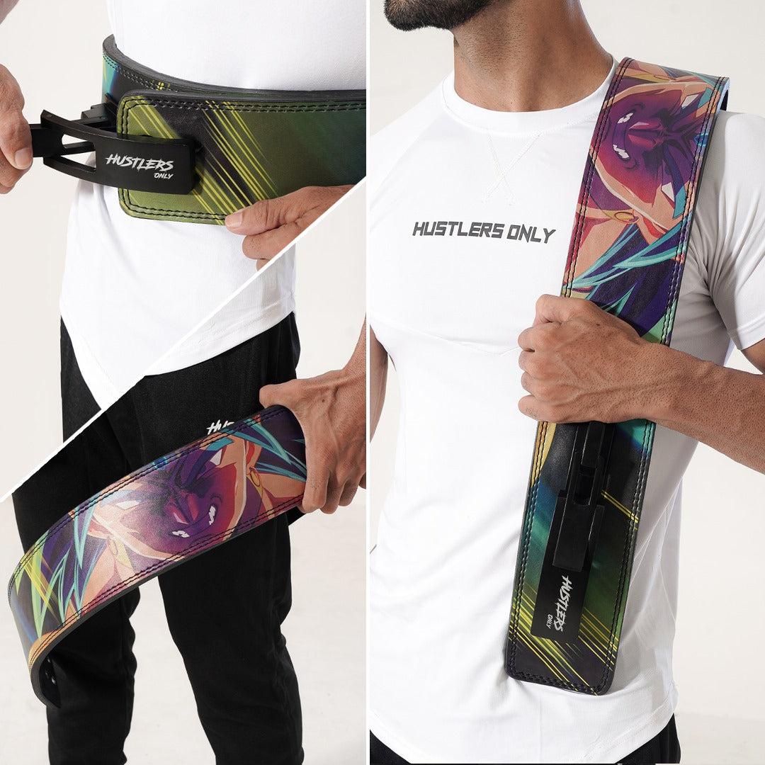 Man holding Dragon Ball Brolly Themed Weightlifting Lever Belt for Powerlifting | Hustlers Only PK