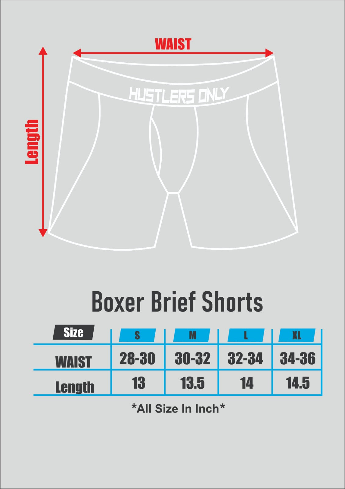 Size Chart for Men's Boxer Briefs with Metallic Waistband | Hustlers Only PK