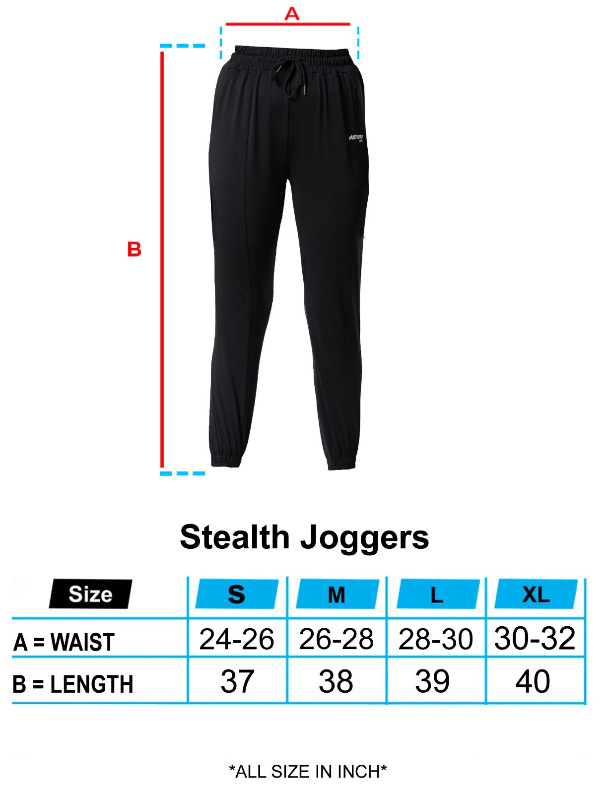 Black Stealth Joggers Sizechart | HustlersOnlyPK