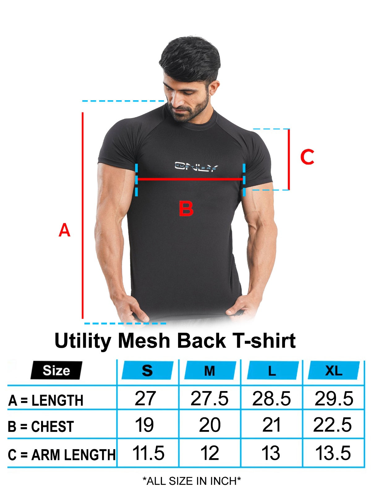 Black Utility Mesh Back T-shirt Size Chart | HustlersOnlyPK