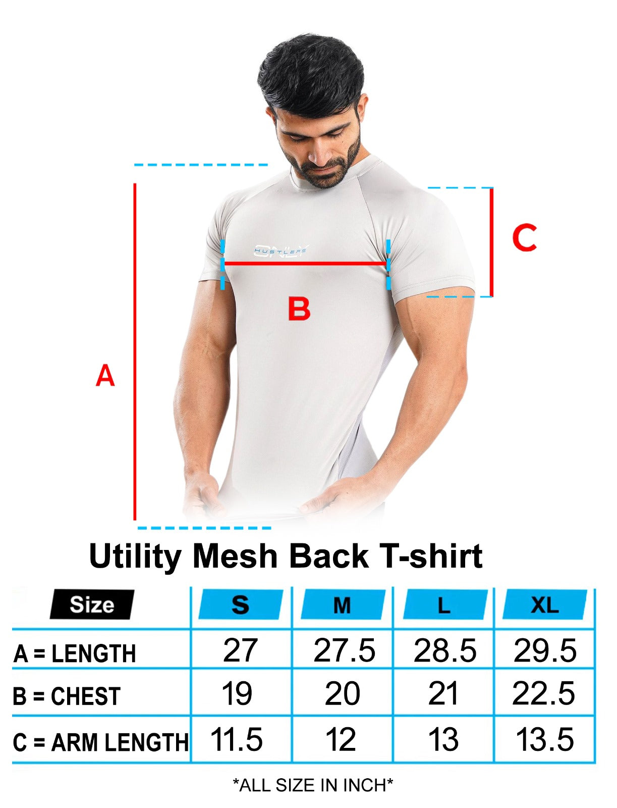 Utility Mesh Back Gray T-shirt Size Chart | HustlersOnlyPK