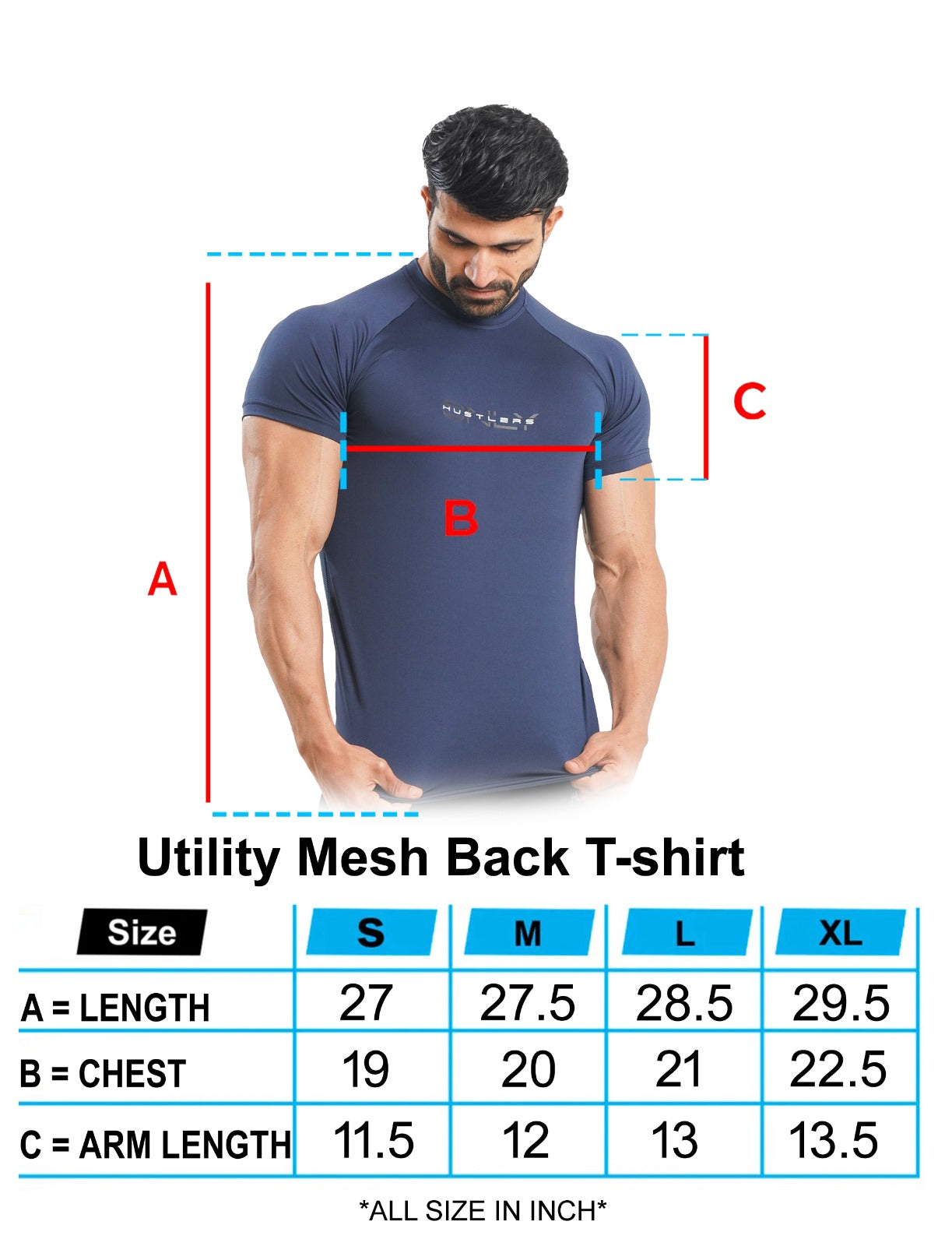Utility Mesh Back Gray T-shirt Size Chart | HustlersOnlyPK