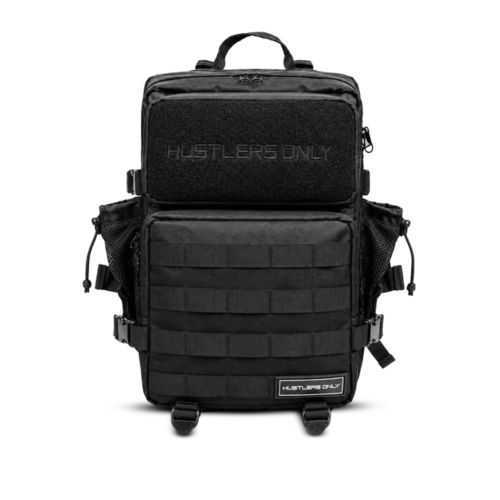 Hustlers Only Beta black military backpack with tactical front panel and multiple storage compartments