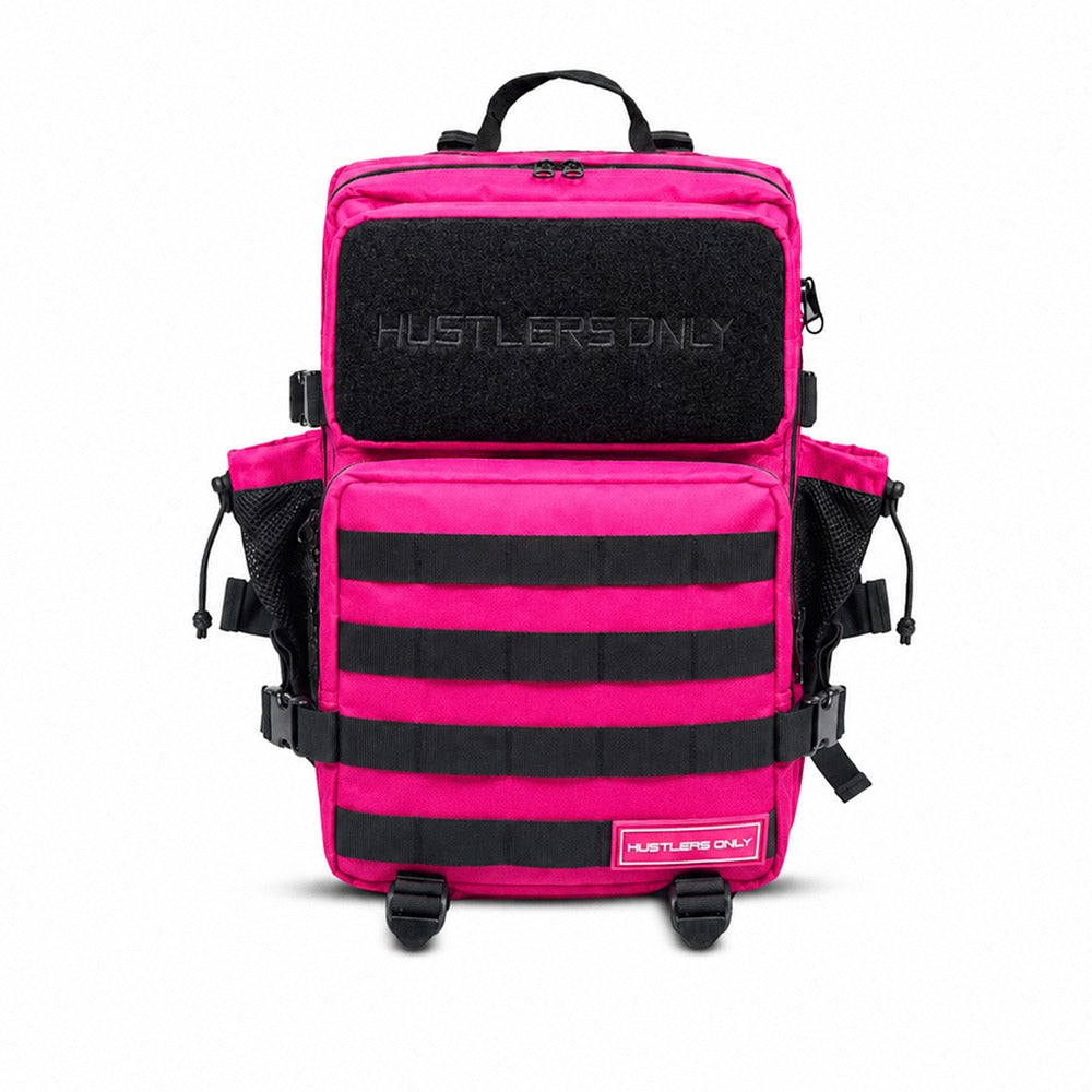 Hustlers Only Beta pink military backpack with front utility compartments and tactical buckle straps