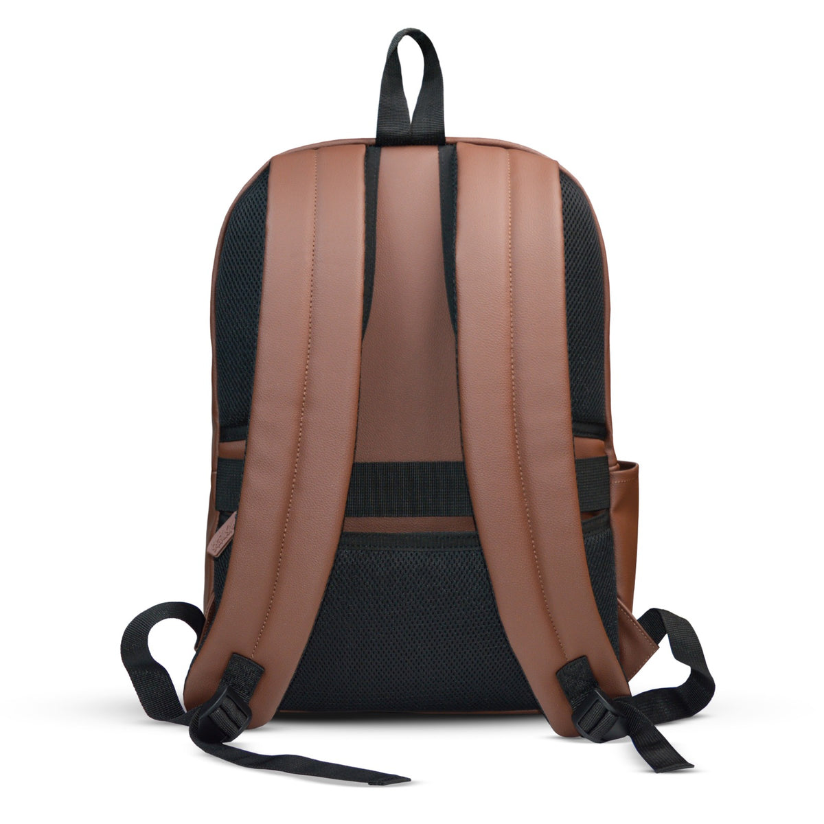 Man carrying Hustlers Only chocolate brown travel backpack with padded shoulder straps