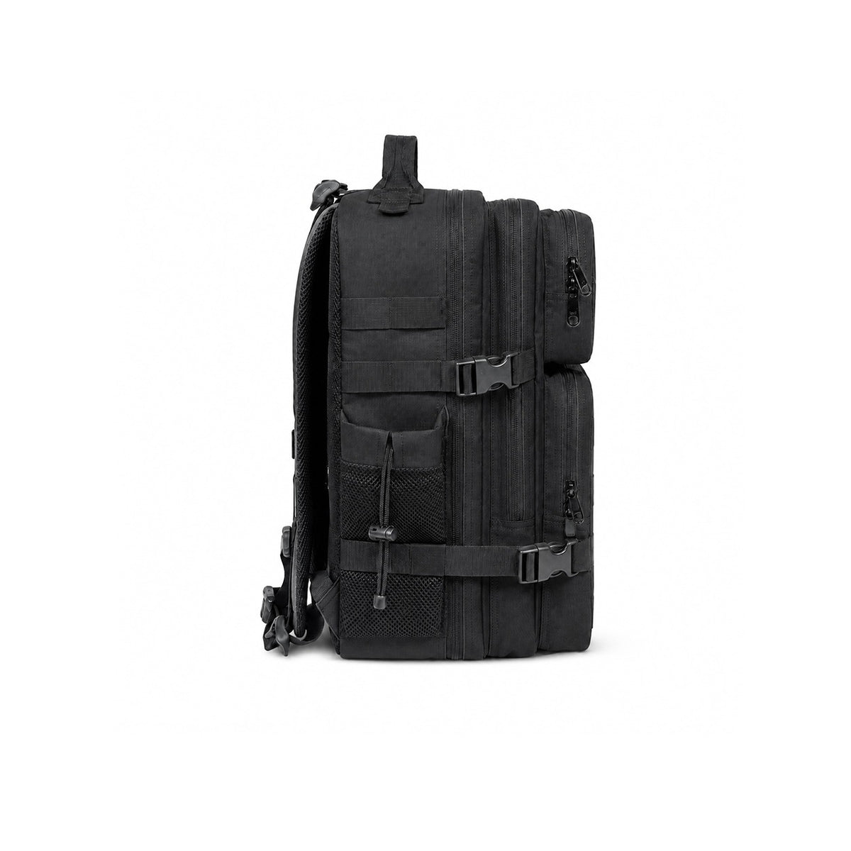 Close-up of black Beta Military Backpack showing front Velcro patch area and embroidered Hustlers Only branding