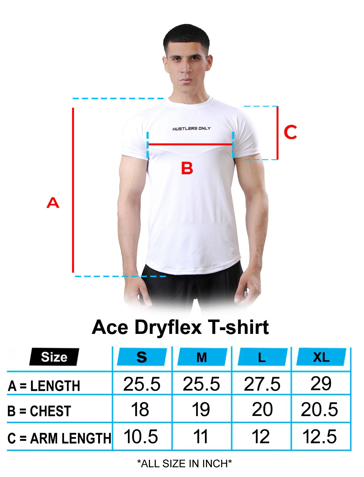 Ace Dryflex White Gym T-shirt Size Chart | HustlersOnlyPK
