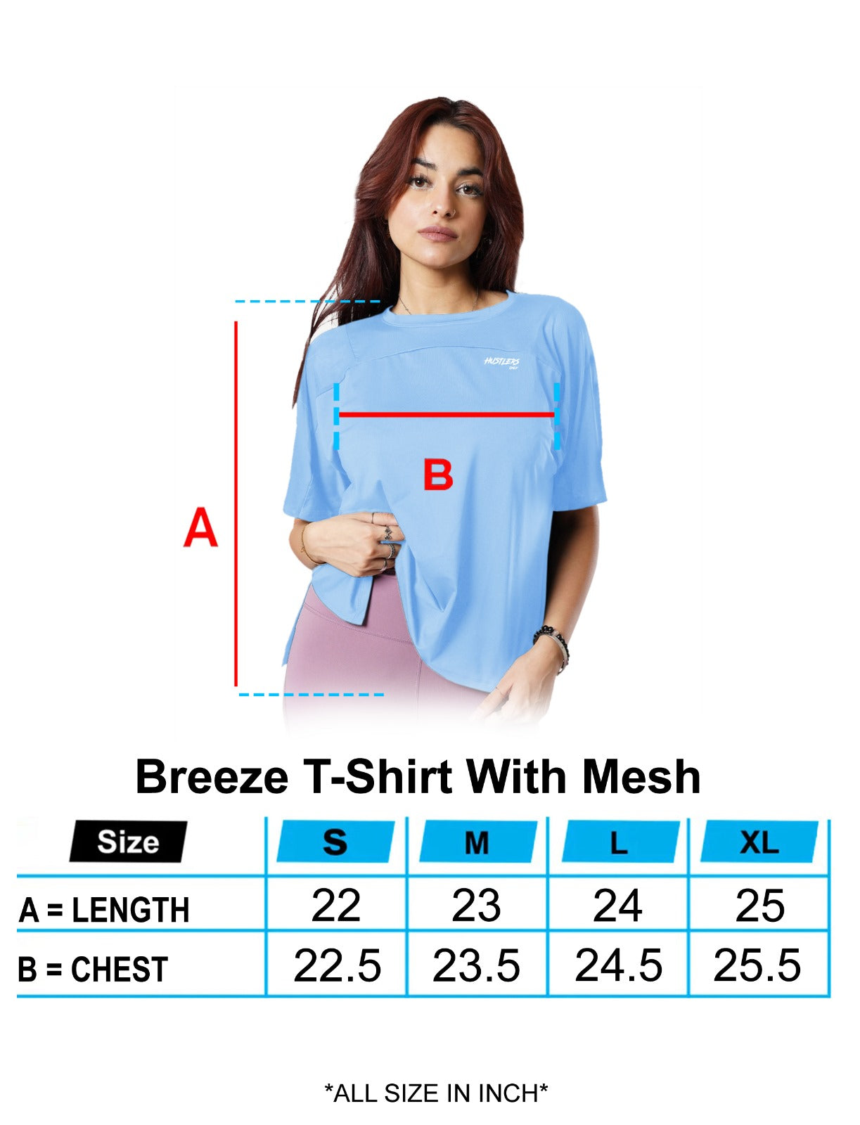 Sky Blue Breeze T Shirt With Mesh Sizehart for Women | HustlersOnlyPK