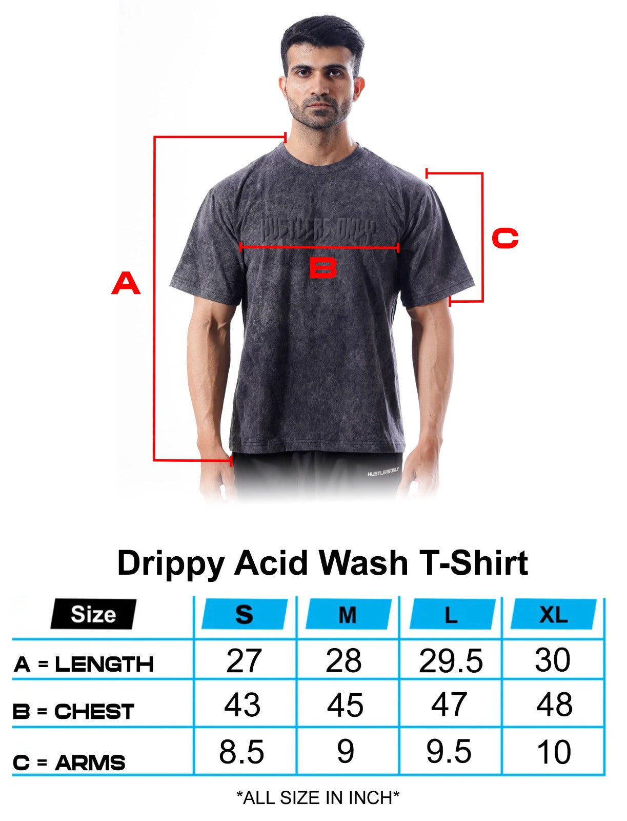 Drippy Acid Wash Black T-shirt Size Guide | HustlersOnlyPK