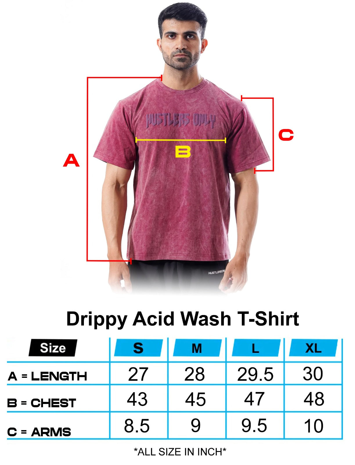 Drippy Acid Wash Maroon T-shirt Size Chart | HustlersOnlyPK