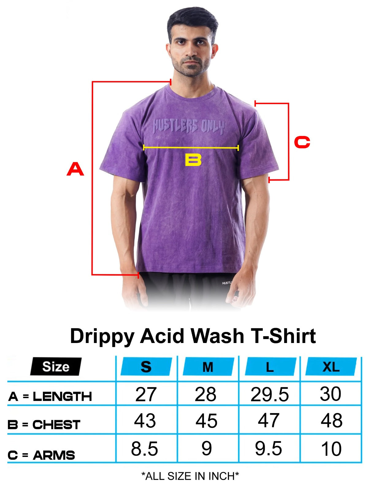 Drippy Acid Wash Purple T-shirt Sizechart | HustlersOnlyPK