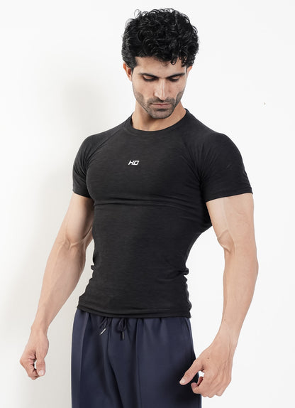 Men's black melange compression t-shirt, tight gym inner and base layer for bodybuilding.
