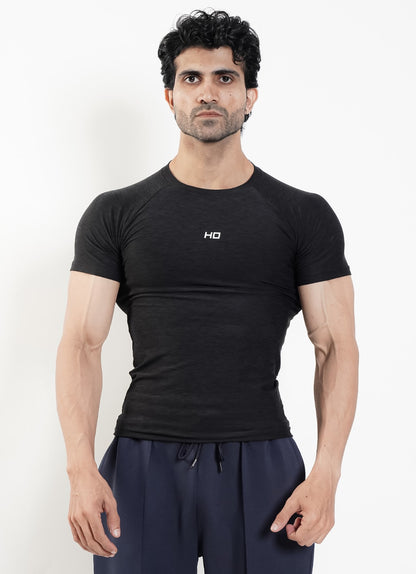 Men's black melange compression t-shirt, tight gym inner and base layer for bodybuilding