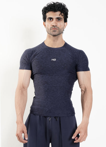 Men's black melange compression t-shirt, tight gym inner and base layer for bodybuilding