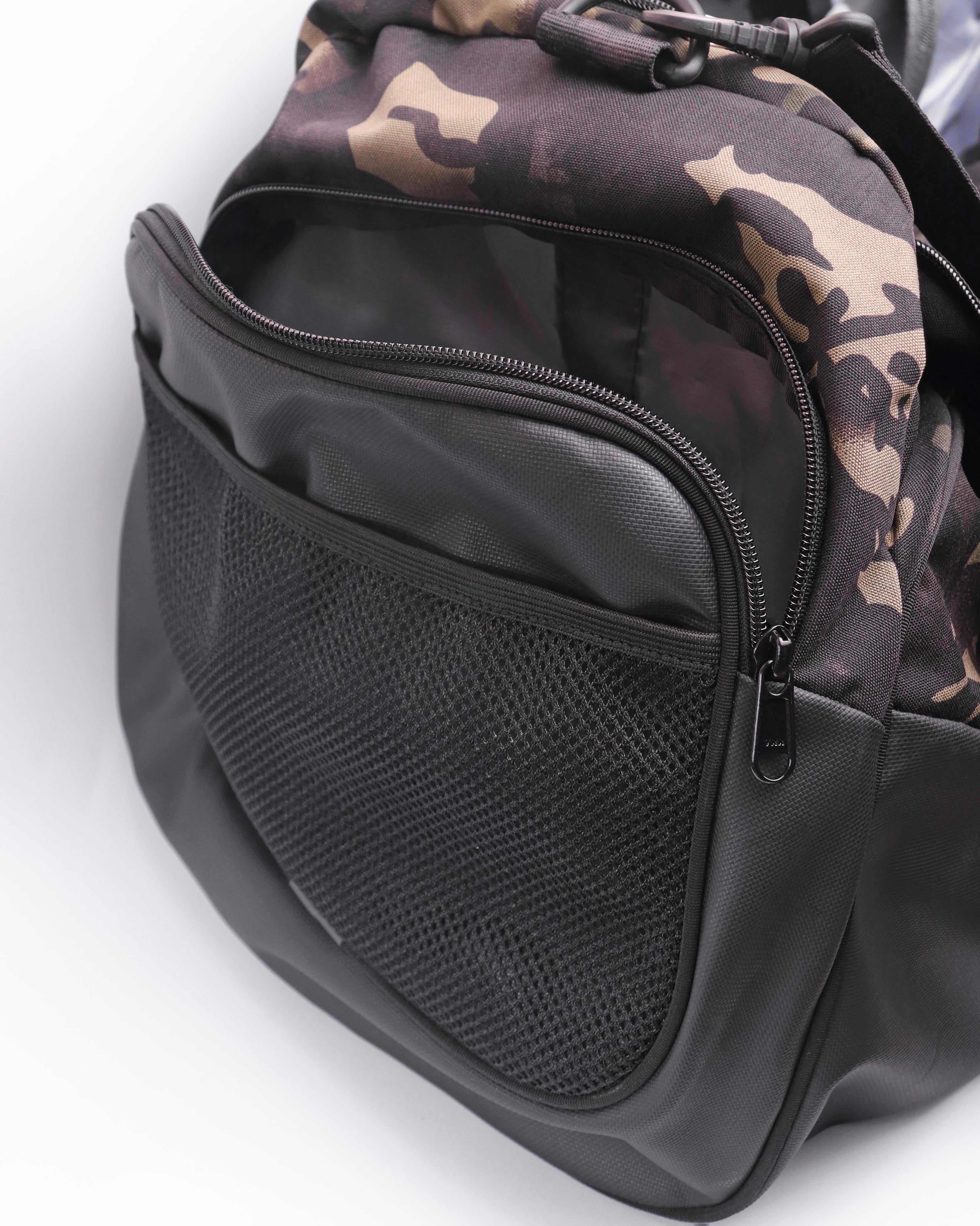  Side view of Durable Camo Gym Duffel Bag with zip pocket | Hustlers Only PK