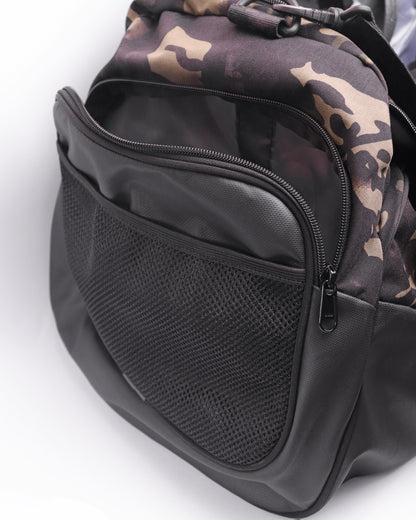  Side view of Durable Camo Gym Duffel Bag with zip pocket | Hustlers Only PK