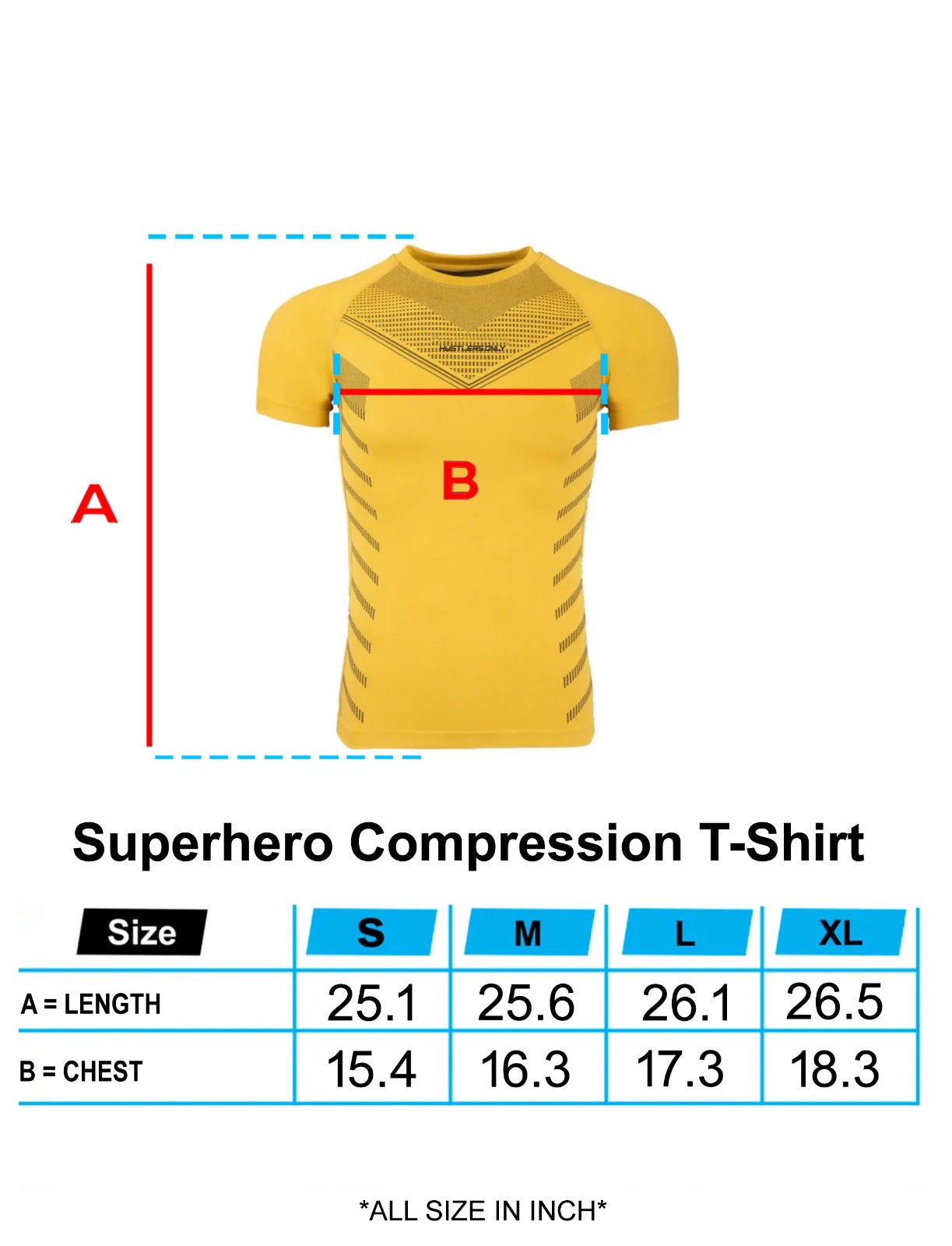Superhero Yellow T-shirt Sizechart | HustlersOnlyPK