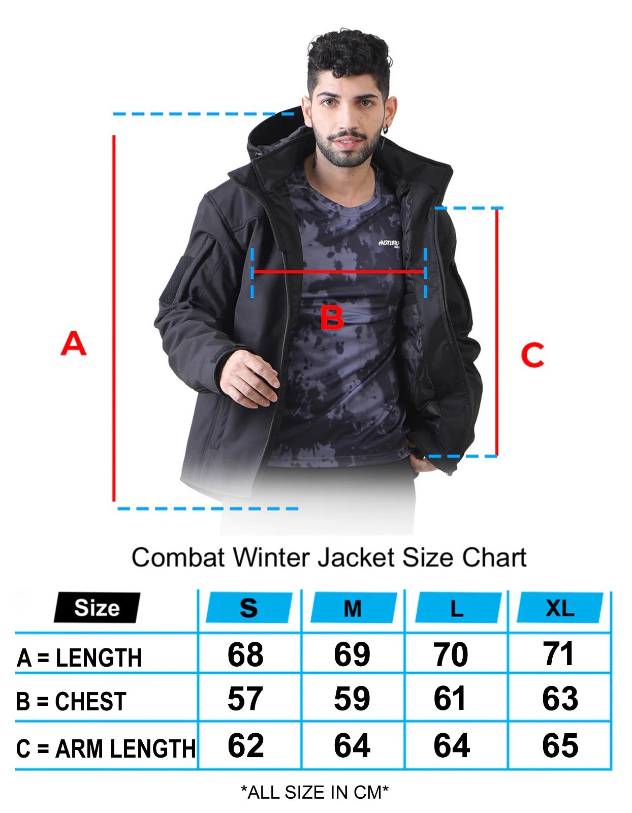 Winter Combat Jacket Black Size Guide | HustlersOnlyPK