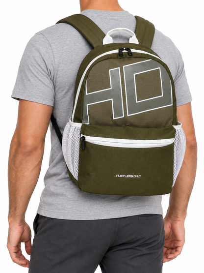 Hustlers Only Active Mini Backpack in olive green with front zipper pocket and white logo