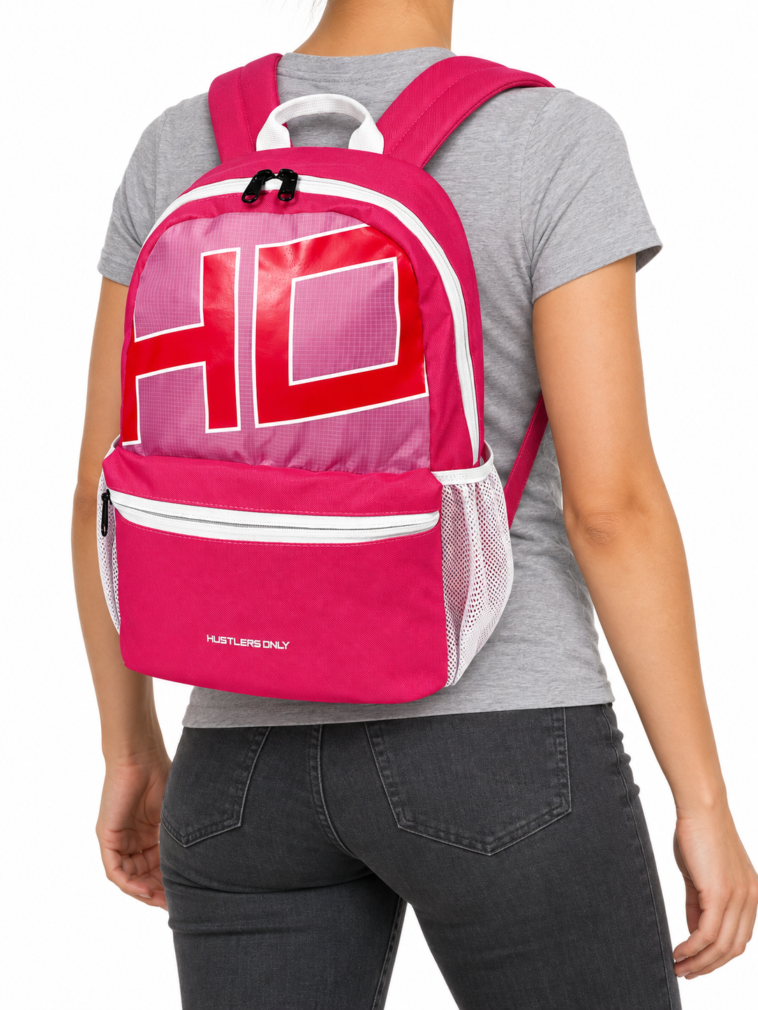 Hustlers Only Active Mini Backpack in pink with compact design and front storage compartment