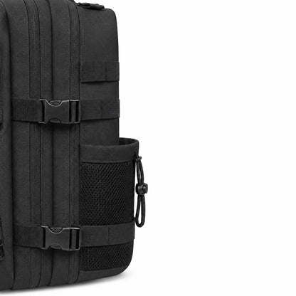 Black army-style backpack with rugged Oxford polyester construction and front utility compartments