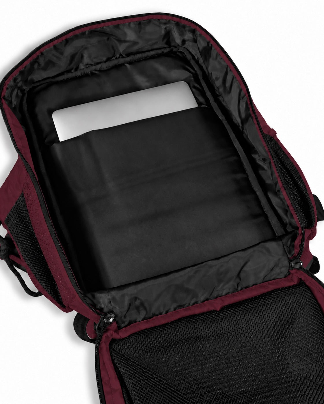 Maroon army-style backpack with rugged design, front utility pockets and compression straps