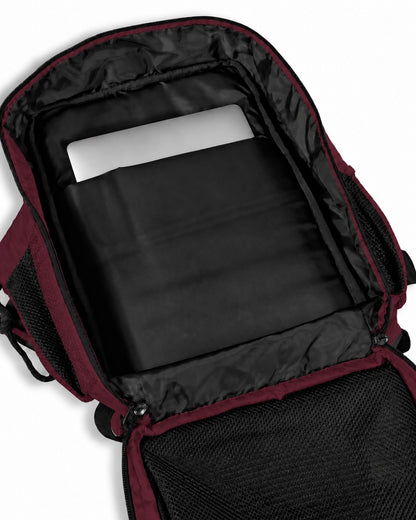 Maroon army-style backpack with rugged design, front utility pockets and compression straps