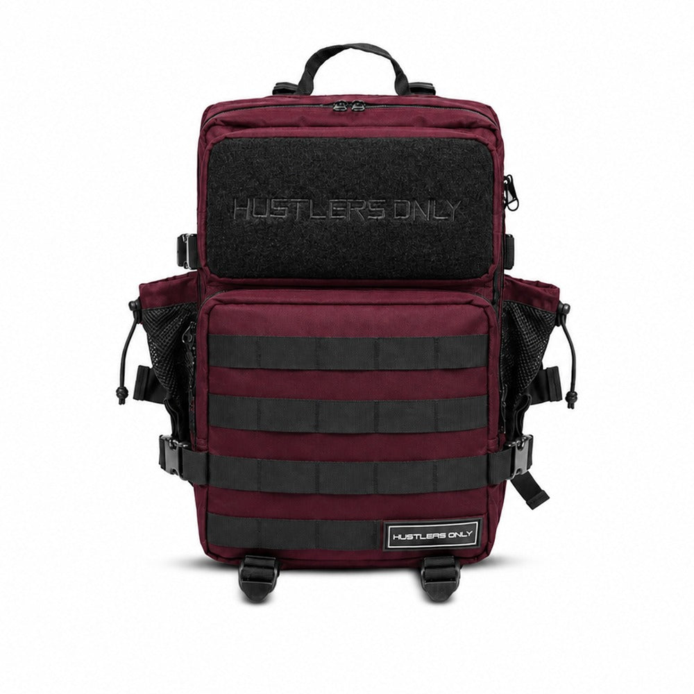 Hustlers Only Beta Military Backpack in maroon with tactical front compartments and buckle straps