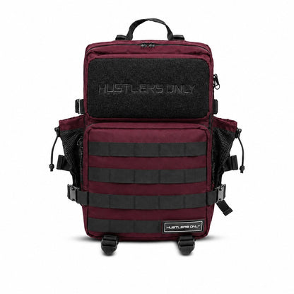 Hustlers Only Beta Military Backpack in maroon with tactical front compartments and buckle straps