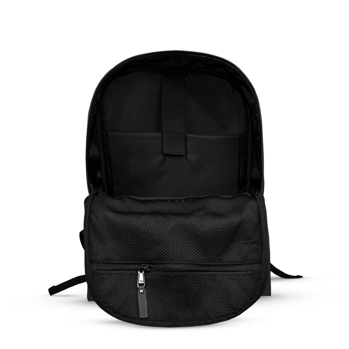 Hustlehead black business backpack with compact shape and organized zippered storage