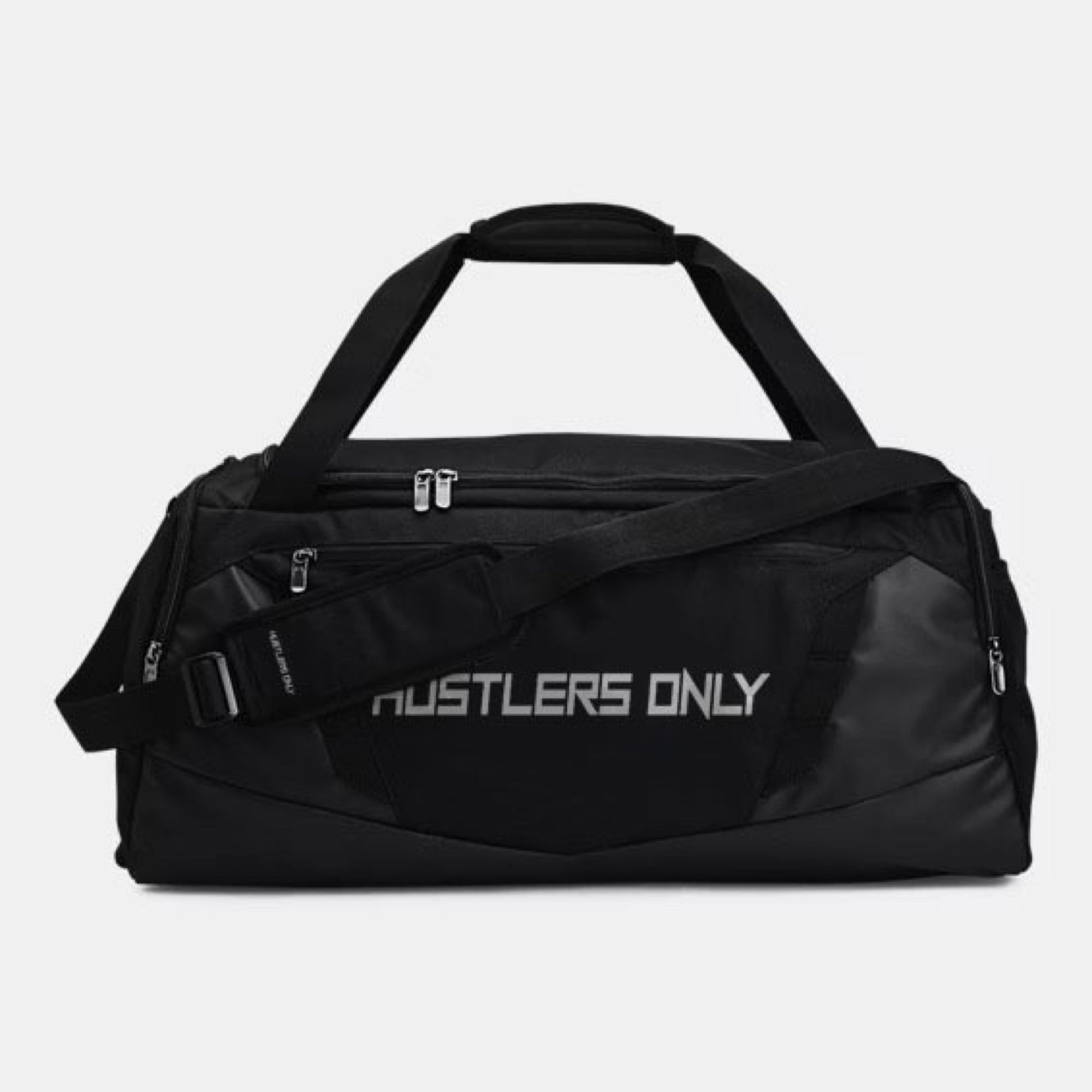 Black duffel bag with vented pocket and molle webbing | Hustlers Only PK