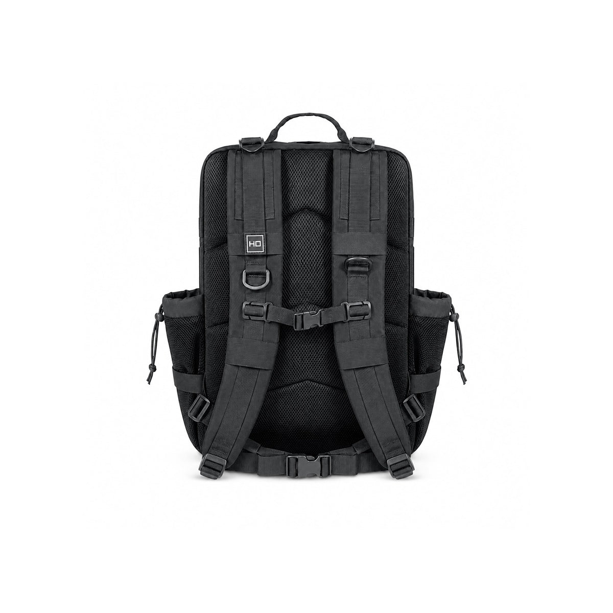 Front view of black tactical backpack by Hustlers Only with Velcro patch panel and buckle straps