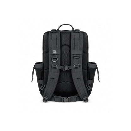 Front view of black tactical backpack by Hustlers Only with Velcro patch panel and buckle straps