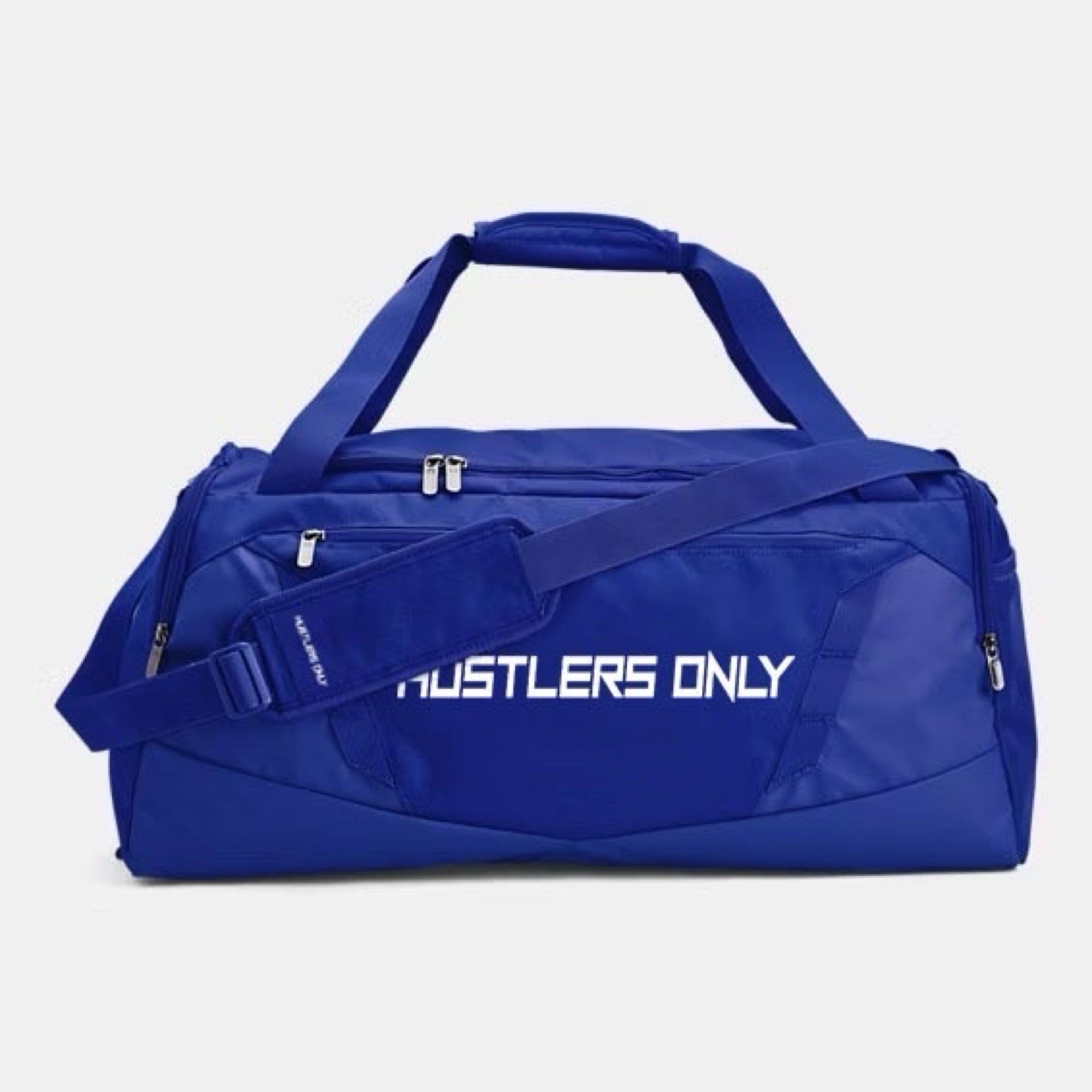 Blue duffel bag with vented pocket and molle webbing | Hustlers Only PK