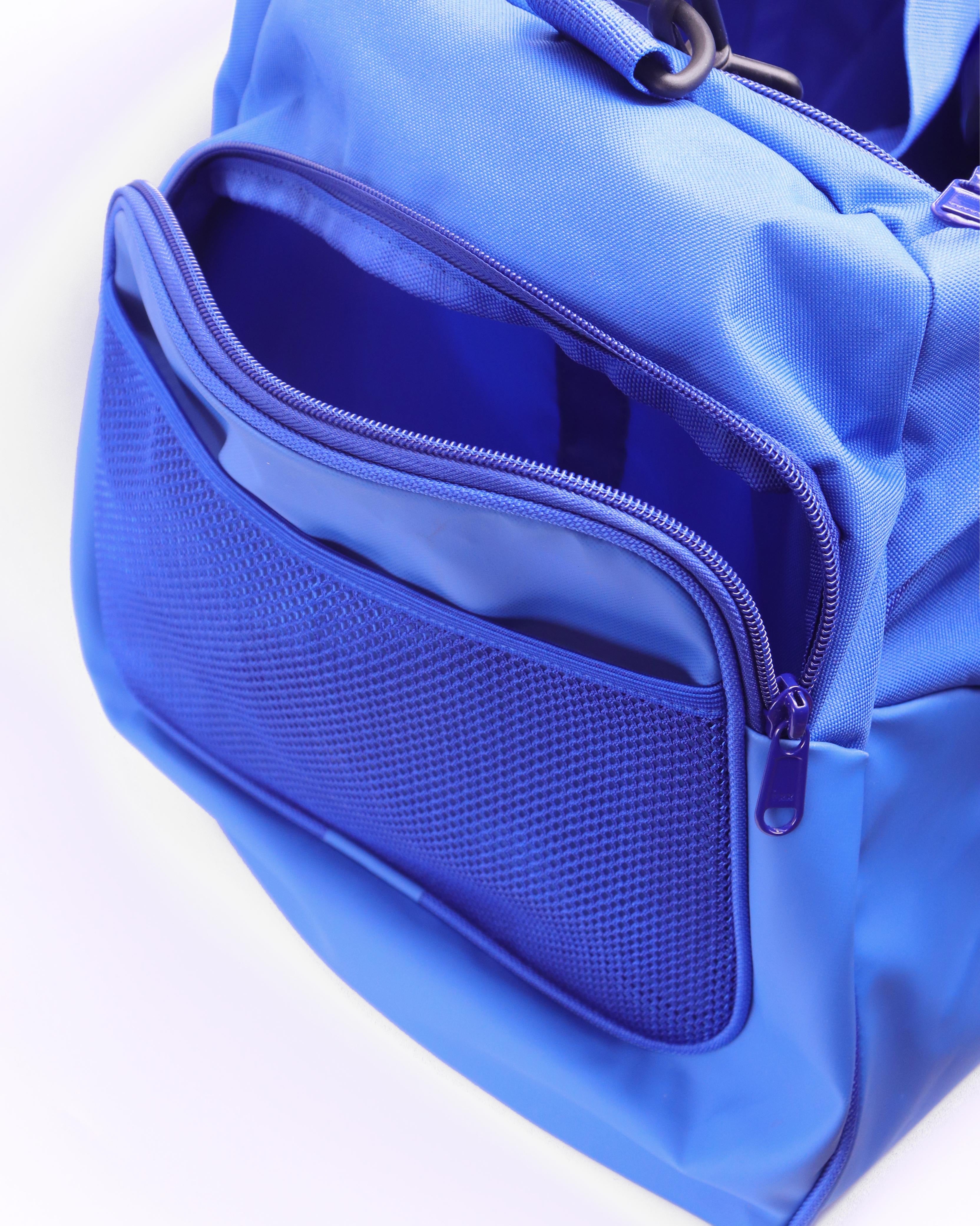 Blue gym duffel bag with large vented pocket | Hustlers Only PK