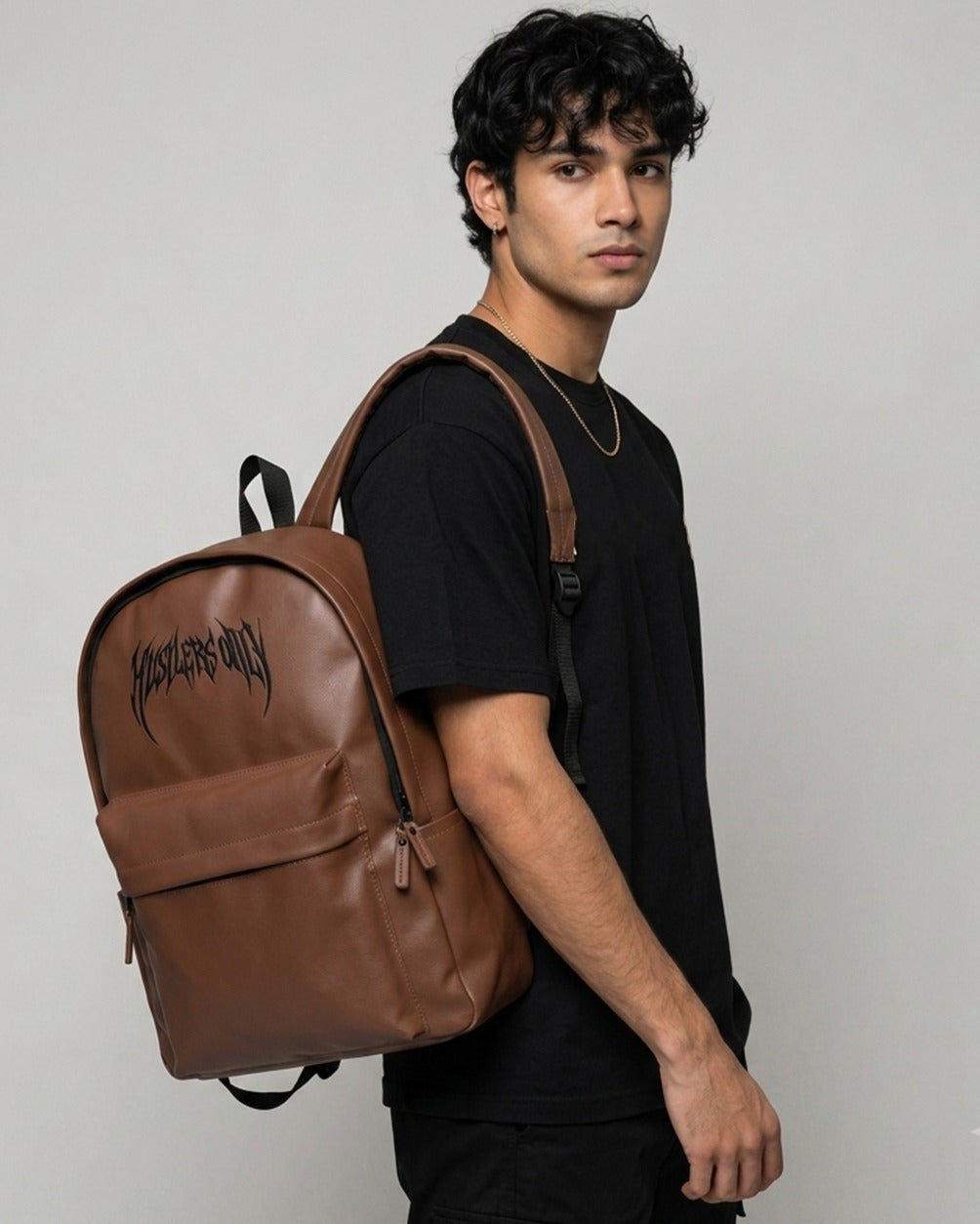 Hustlers Only Hustlehead chocolate brown travel backpack with premium PU leather exterior