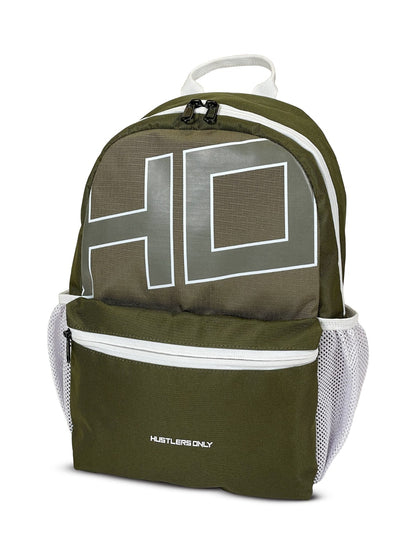 Olive green everyday backpack with white graphic logo and front storage compartment