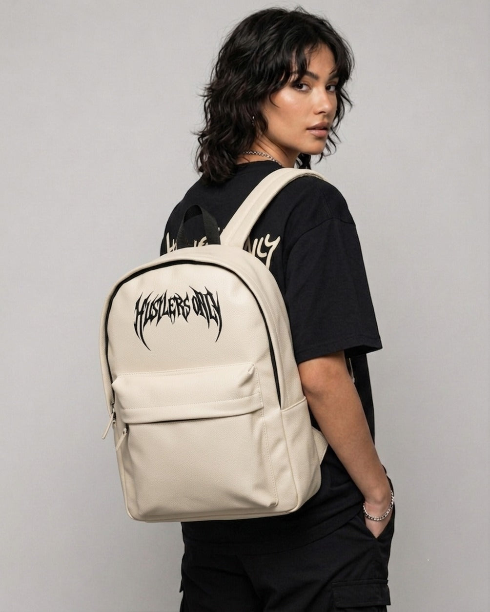 Hustlers Only Hustlehead cream backpack with embroidered logo and premium PU leather finish
