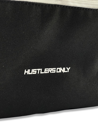 Detailed view of Hustlers Only black mini backpack showing zipper and stitching