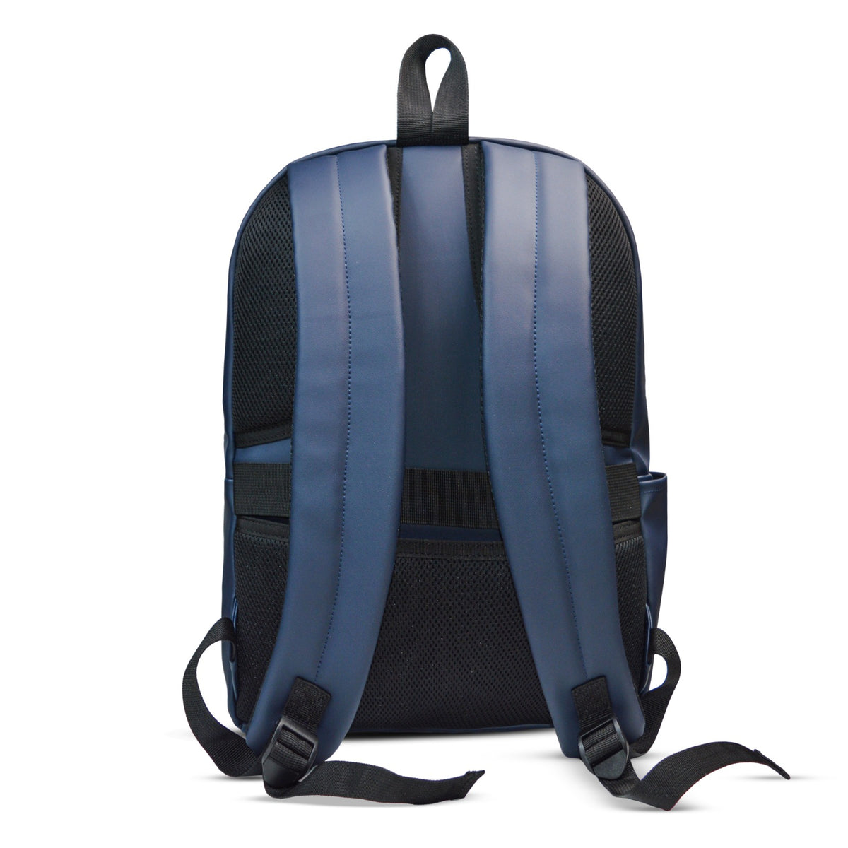 Man wearing a navy blue Hustlehead laptop backpack with padded shoulder straps