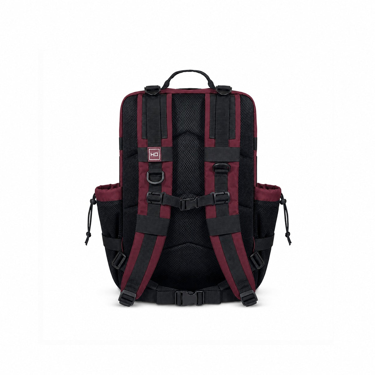 Maroon tactical backpack by Hustlers Only with front Velcro patch panel and organized storage pockets
