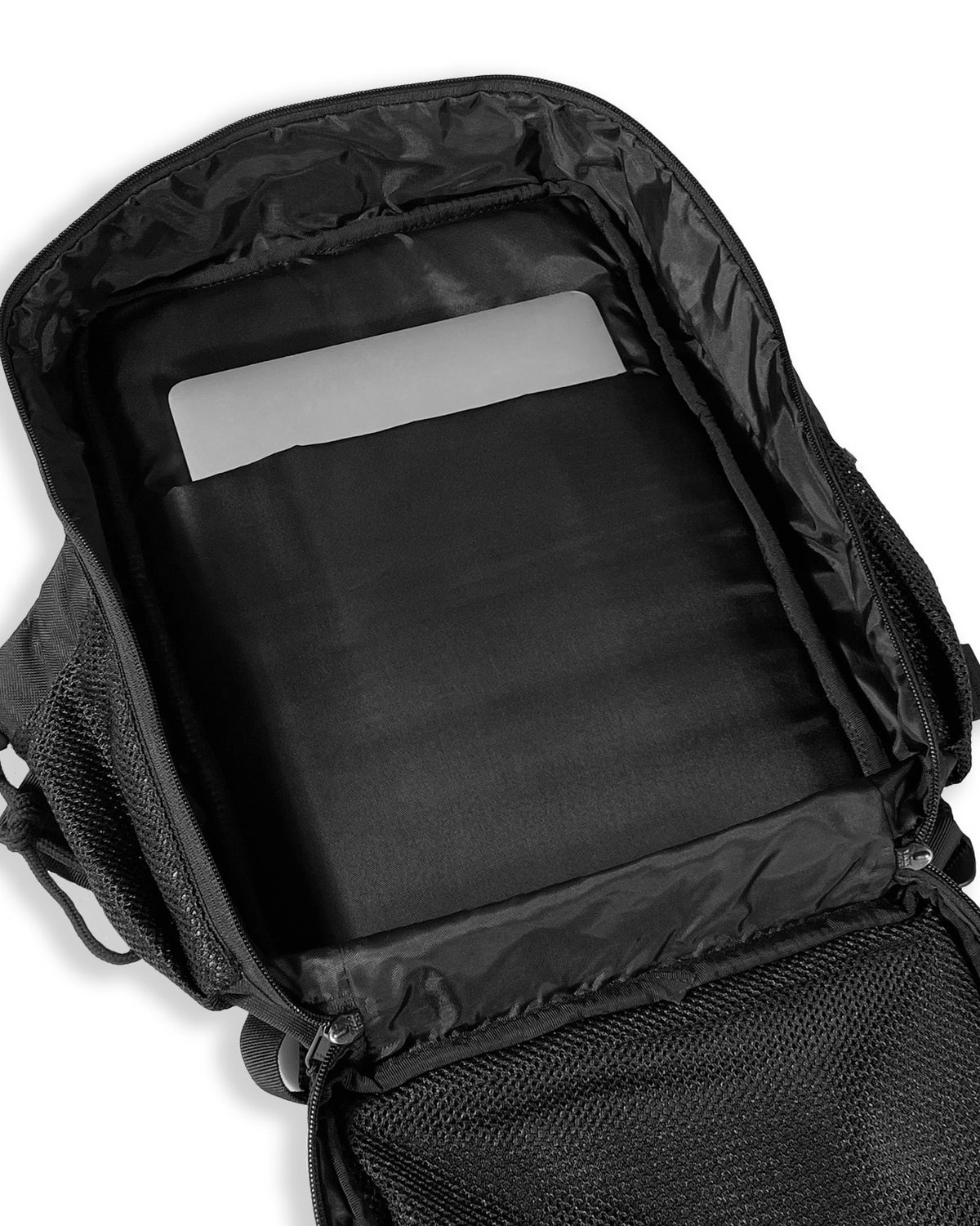 Man wearing Hustlers Only Beta Military Backpack in black for gym and everyday use