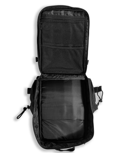 Side view of Beta Military Backpack Black showing the bottle holder and compression straps