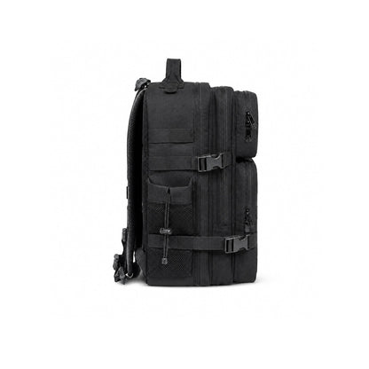 Close-up of black Beta Military Backpack showing front Velcro patch area and embroidered Hustlers Only branding